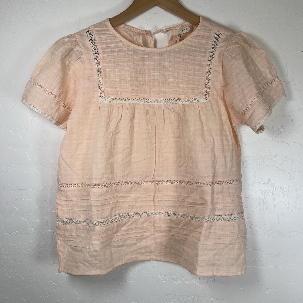Boho Top Lace Cotton Peach Paneros Blouse Shirt Pin-tucks Sz XXS Balloon